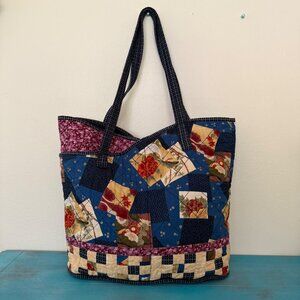 Beautiful Handmade Quilted Patchwork Blue & Purple Tote Shopping Bag